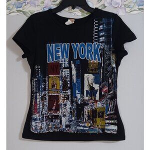 Big Bang Black Large Vintage New York City Classic Shimmer Stretch Retro Top